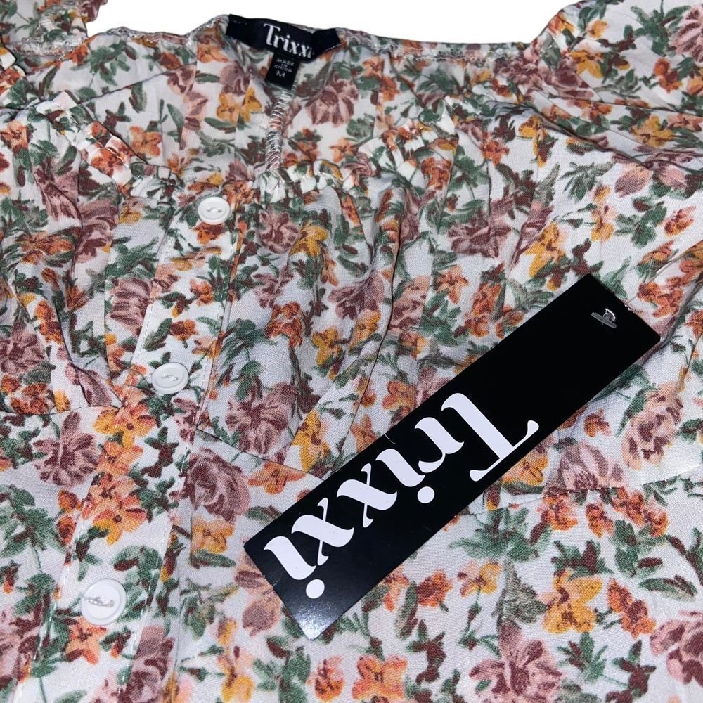 Trixxi NEW Floral Button Front Mini Dress Short Puff Sleeve Boho Cottagecore M - Picture 7 of 11